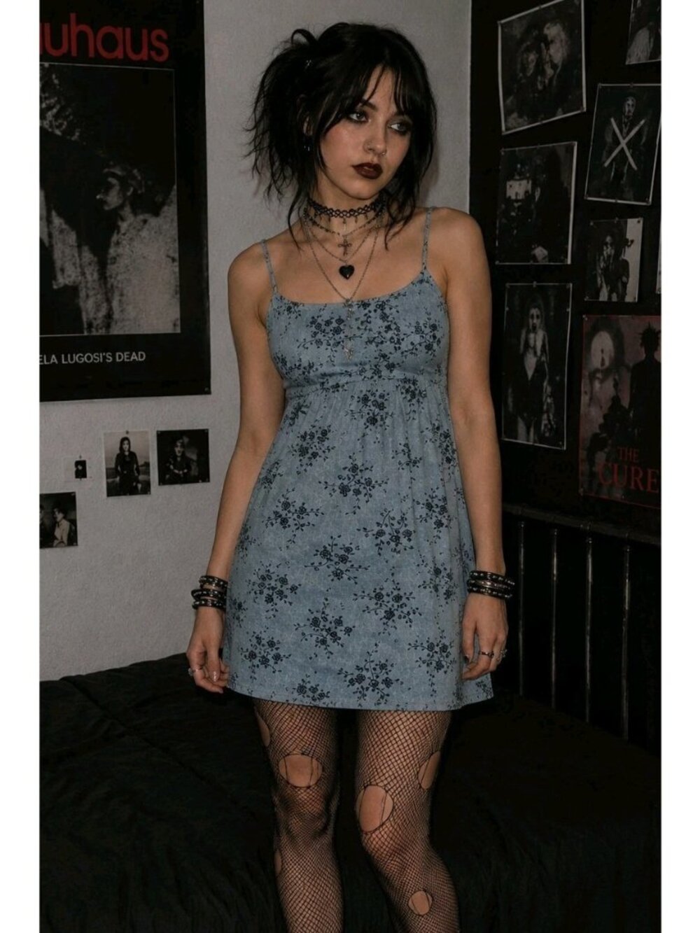 Y2K Mini Babydoll Dress Sz XS Flocked Gray Black Floral Goth Grunge Made In USA
